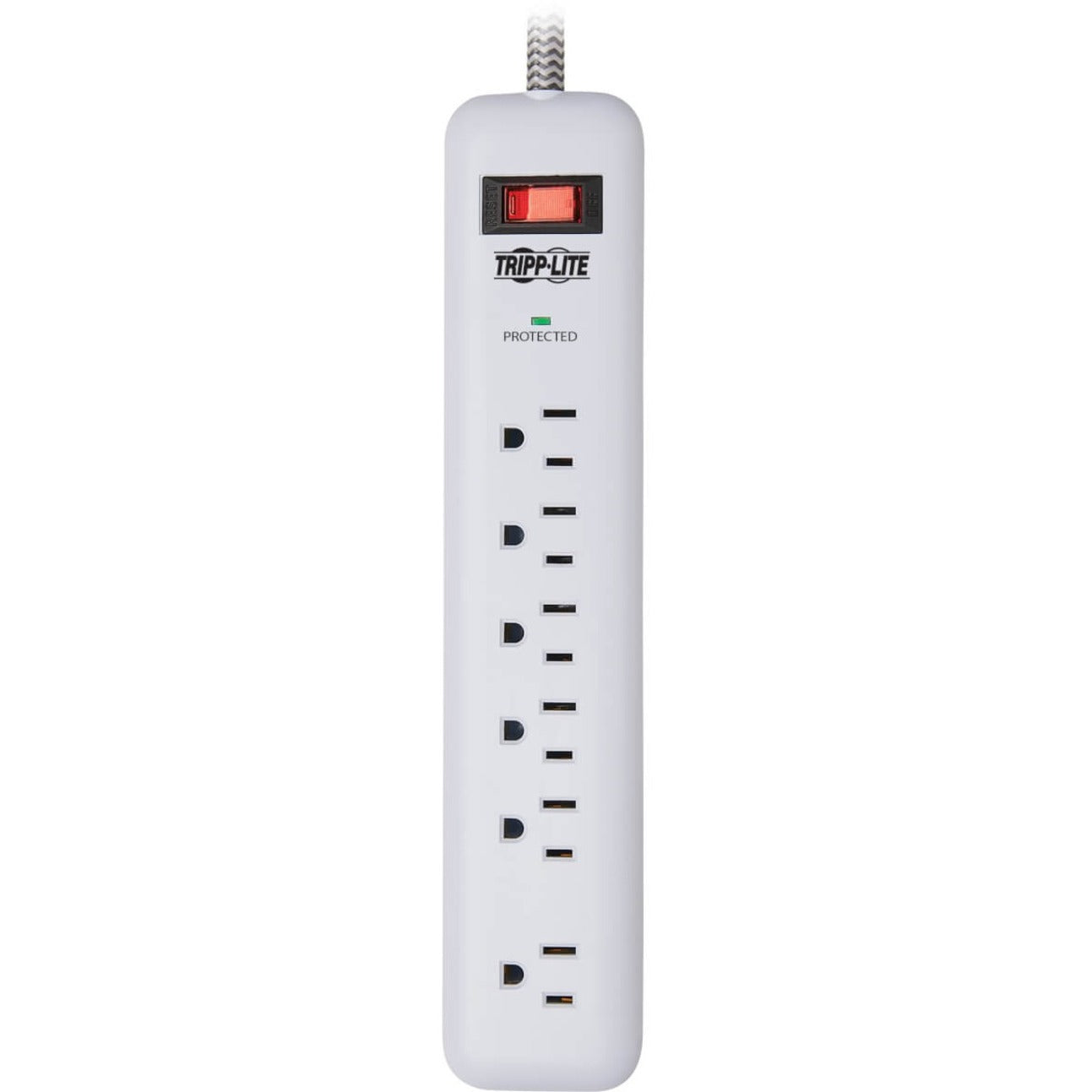 Tripp Lite 7-Outlet Surge Protector 6 on strip/1 in detachable plug 2 USB Ports (2.4A Shared) Detachable Charger Plug 6 ft. Cord 5-15P Plug 900 Joules White