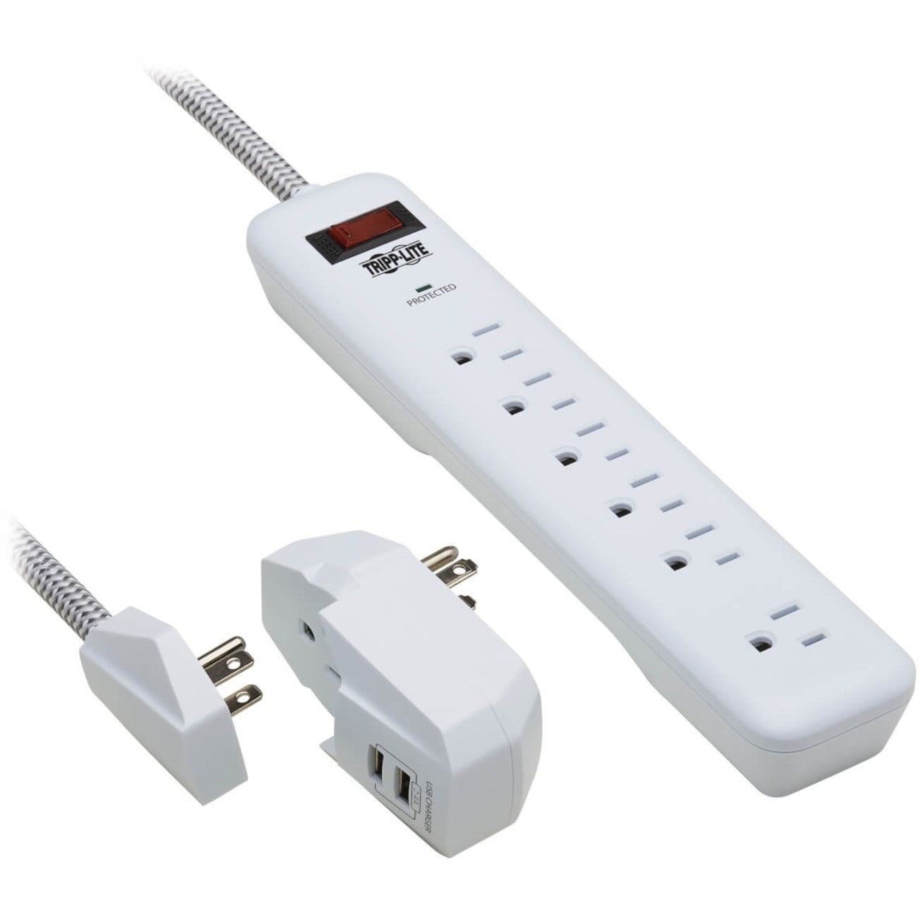 Tripp Lite 7-Outlet Surge Protector 6 on strip/1 in detachable plug 2 USB Ports (2.4A Shared) Detachable Charger Plug 6 ft. Cord 5-15P Plug 900 Joules White