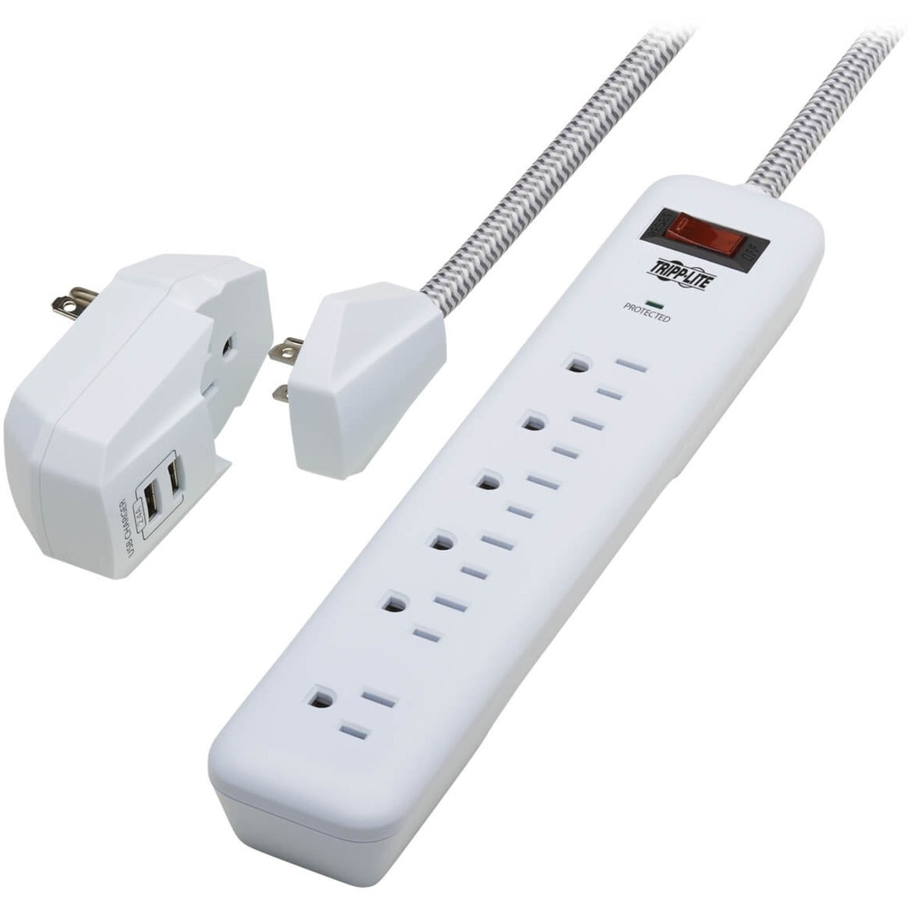 Tripp Lite 7-Outlet Surge Protector 6 on strip/1 in detachable plug 2 USB Ports (2.4A Shared) Detachable Charger Plug 6 ft. Cord 5-15P Plug 900 Joules White