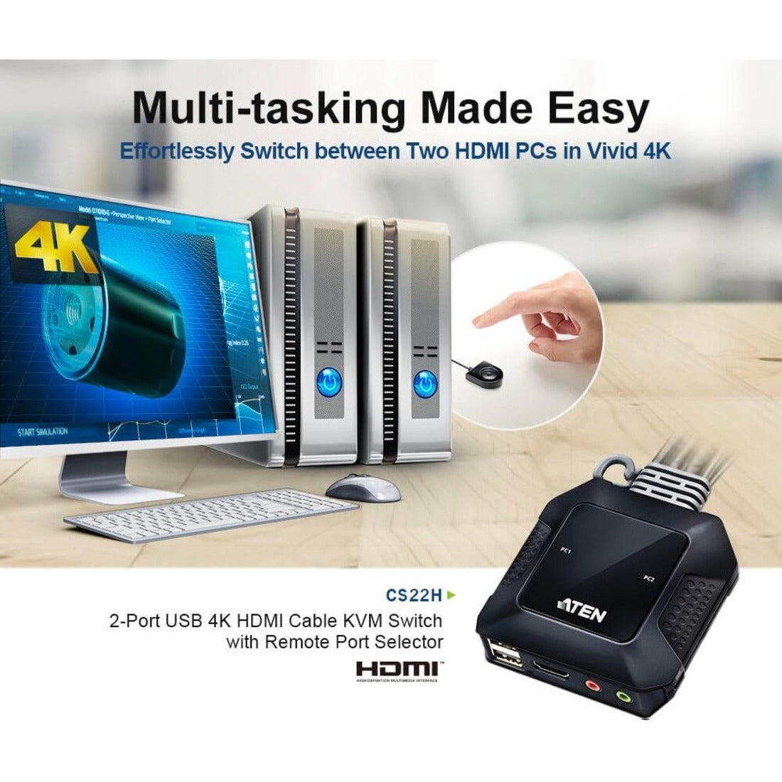 ATEN 2-Port USB 4K DCI HDMI Cable KVM Switch with Remote Port Selector