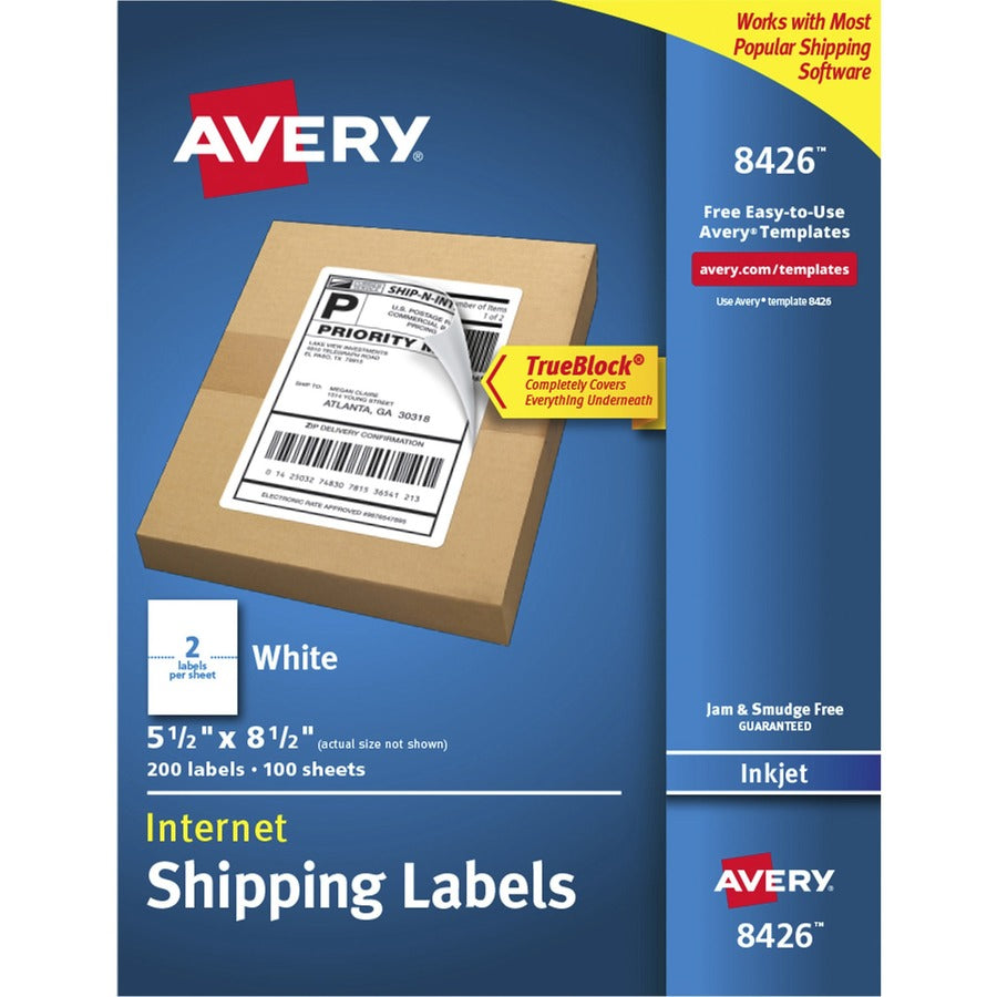 Avery&reg; Printable Blank Shipping Labels 5.5" x 8.5"  White 200 Labels Inkjet Printer Permanent Adhesive (8426)