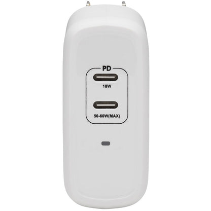 Tripp Lite Dual-Port Compact USB-C Wall Charger GaN Technology 68W PD Charging (50W+18W) White