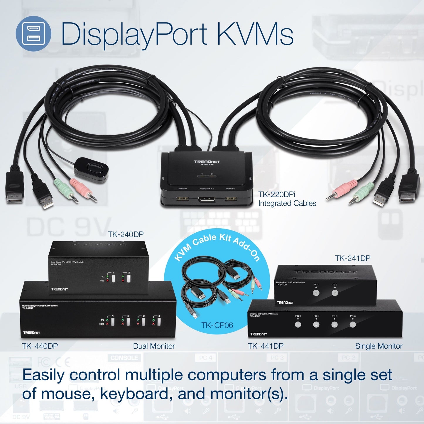 TRENDnet 4-Port Monitor DisplayPort KVM Switch with Audio 2-Port USB 2.0 Hub Supports 4K UHD 3840 x 2160 @ 60Hz DisplayPort 1.2 Black TK-441DP