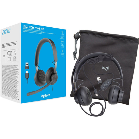 Logitech Zone 750 Wired On-Ear Headset with advanced noise-canceling microphone simple USB-C and included USB-A adapter plug-and-play compatibility for all devices