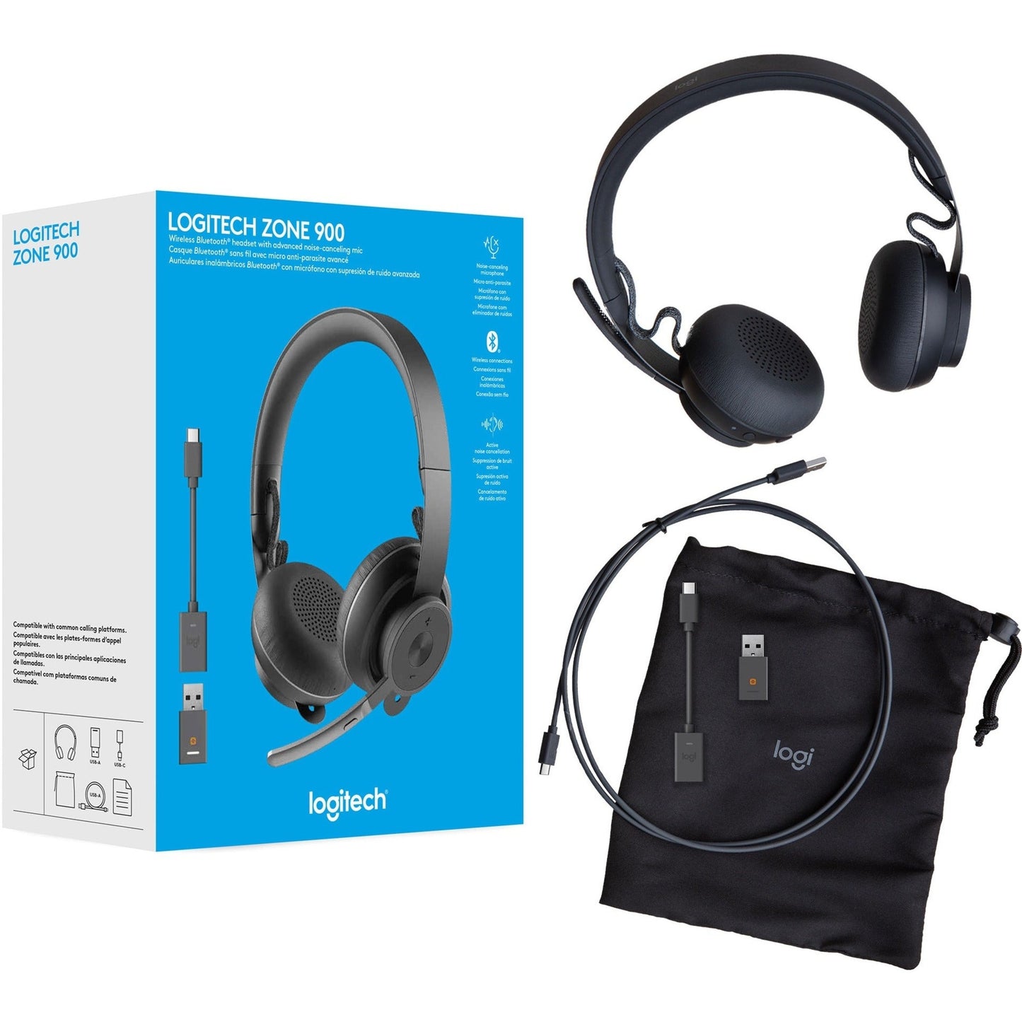 Logitech Zone 900 On-Ear Wireless Bluetooth Headset with advanced noise-canceling microphone connect up to 6 wireless devices with one receiver quick access to ANC and Bluetooth