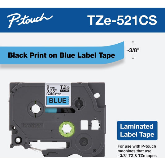 Brother TZe-521CS 0.35" x 26.2' Black on Blue Laminated Label Tape