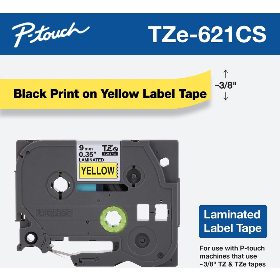 Brother TZe-621CS 0.35" x 26.2' Black on Yellow Laminated Label Tape