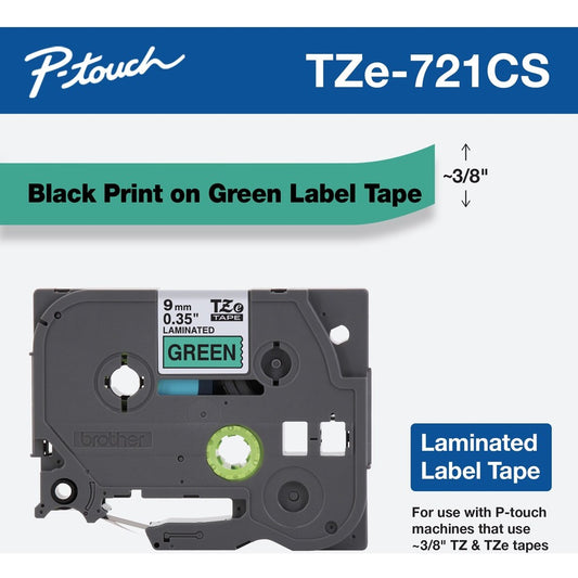 Brother TZe-721CS 0.35" x 26.2' Black on Green Laminated Label Tape