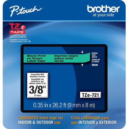 Brother TZe-721CS 0.35" x 26.2' Black on Green Laminated Label Tape