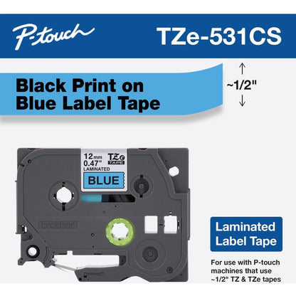 Brother TZe-531CS 0.47" x 26.2' Black on Blue Laminated Label Tape