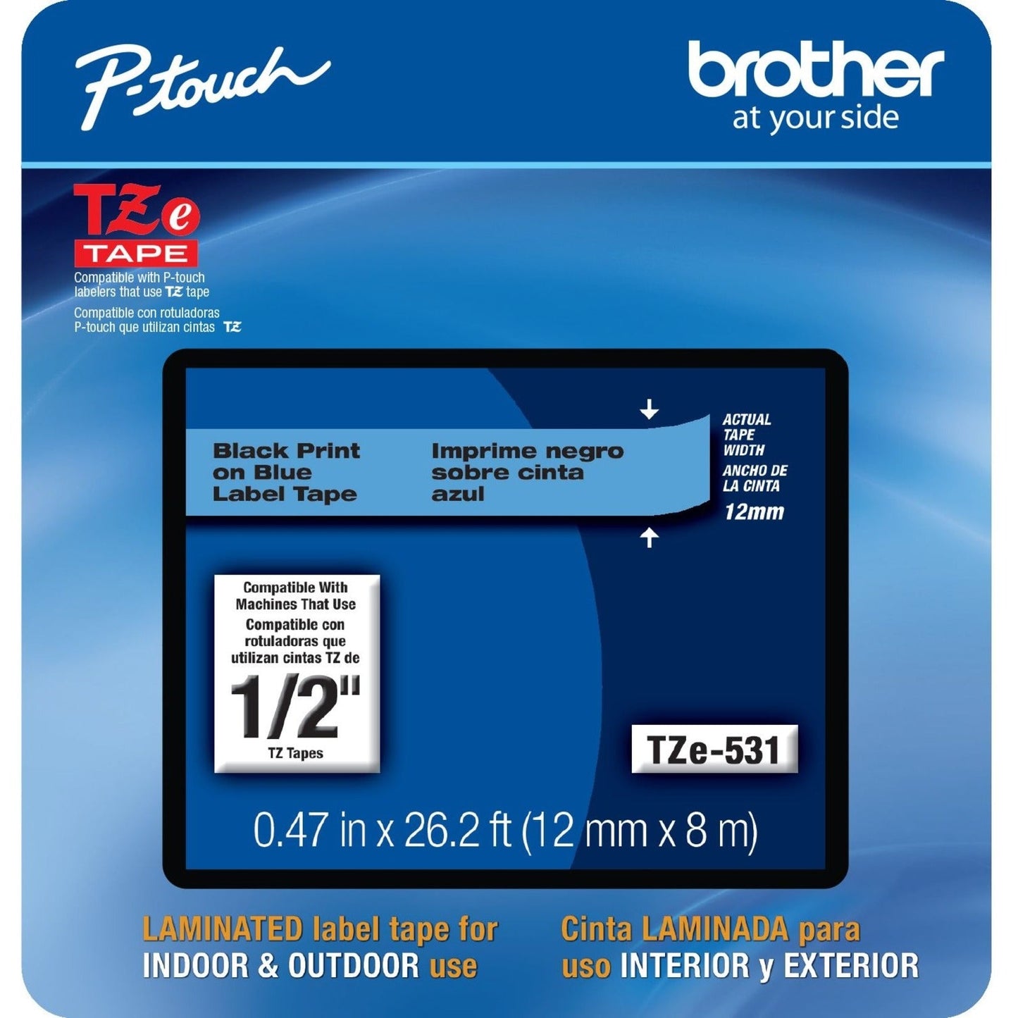 Brother TZe-531CS 0.47" x 26.2' Black on Blue Laminated Label Tape