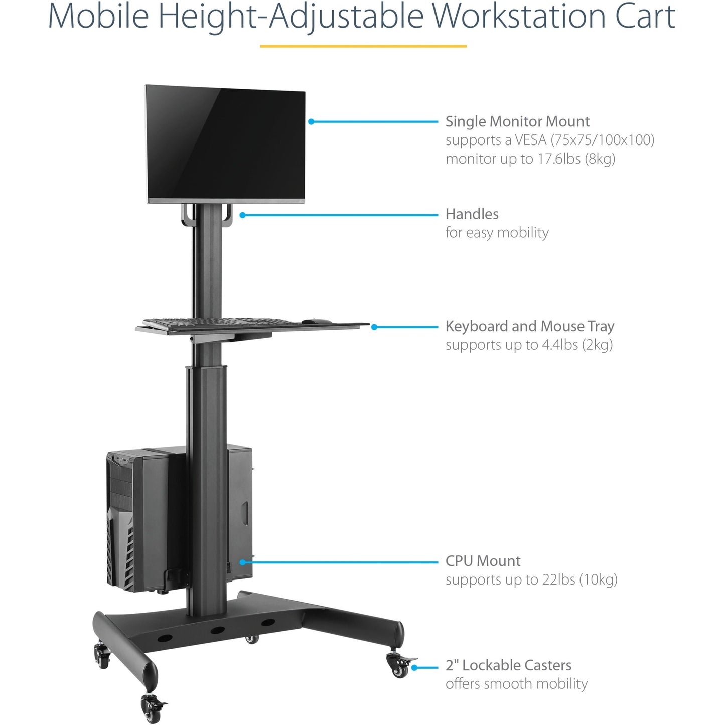 StarTech.com Mobile Standing Workstation with Monitor Mount CPU/PC Holder Height Adjustable Desktop Computer Cart Standing Workstation