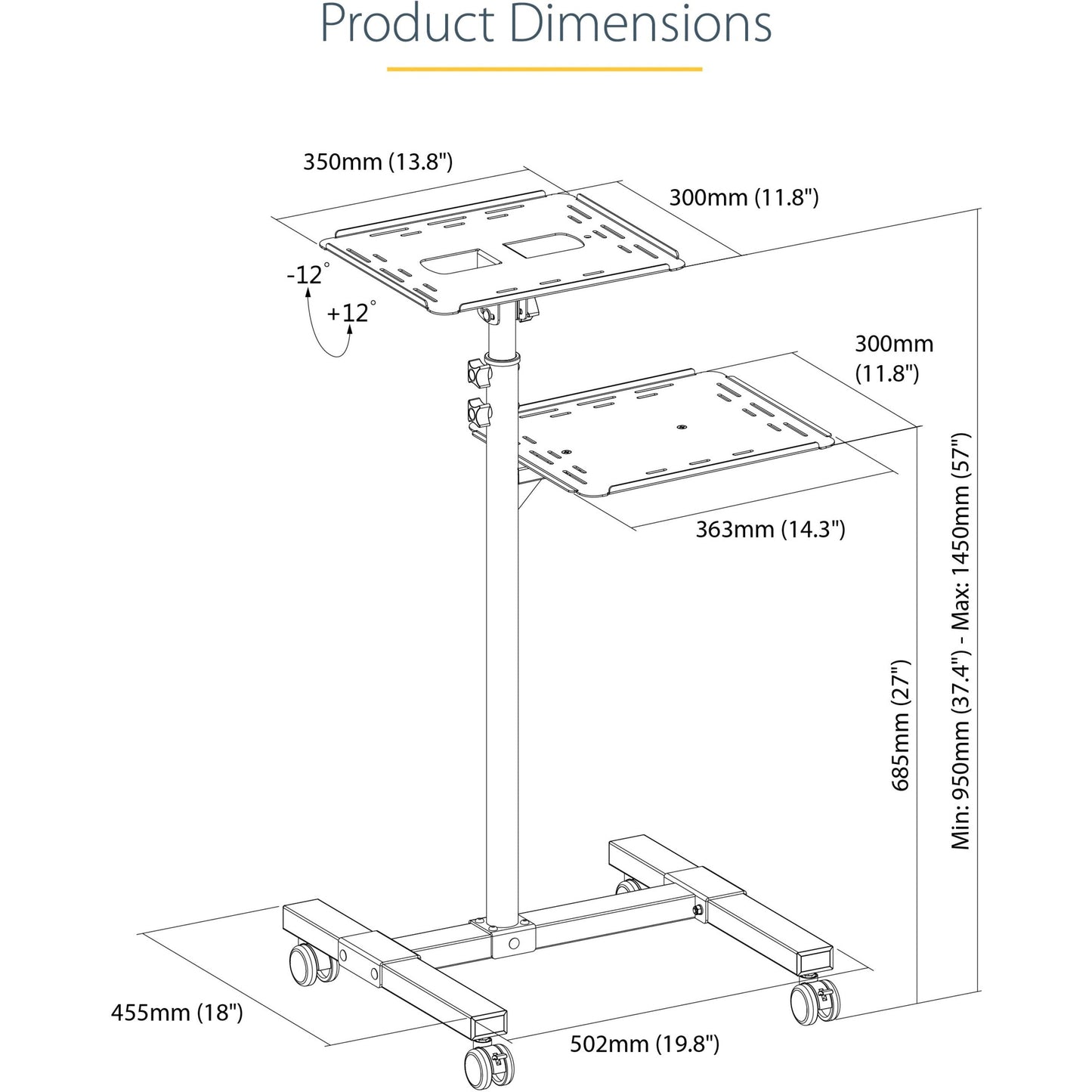 StarTech.com Mobile Projector and Laptop Stand/Cart Heavy Duty Portable Projector Stand/Presentation Cart (22lb/shelf) Height Adjustable