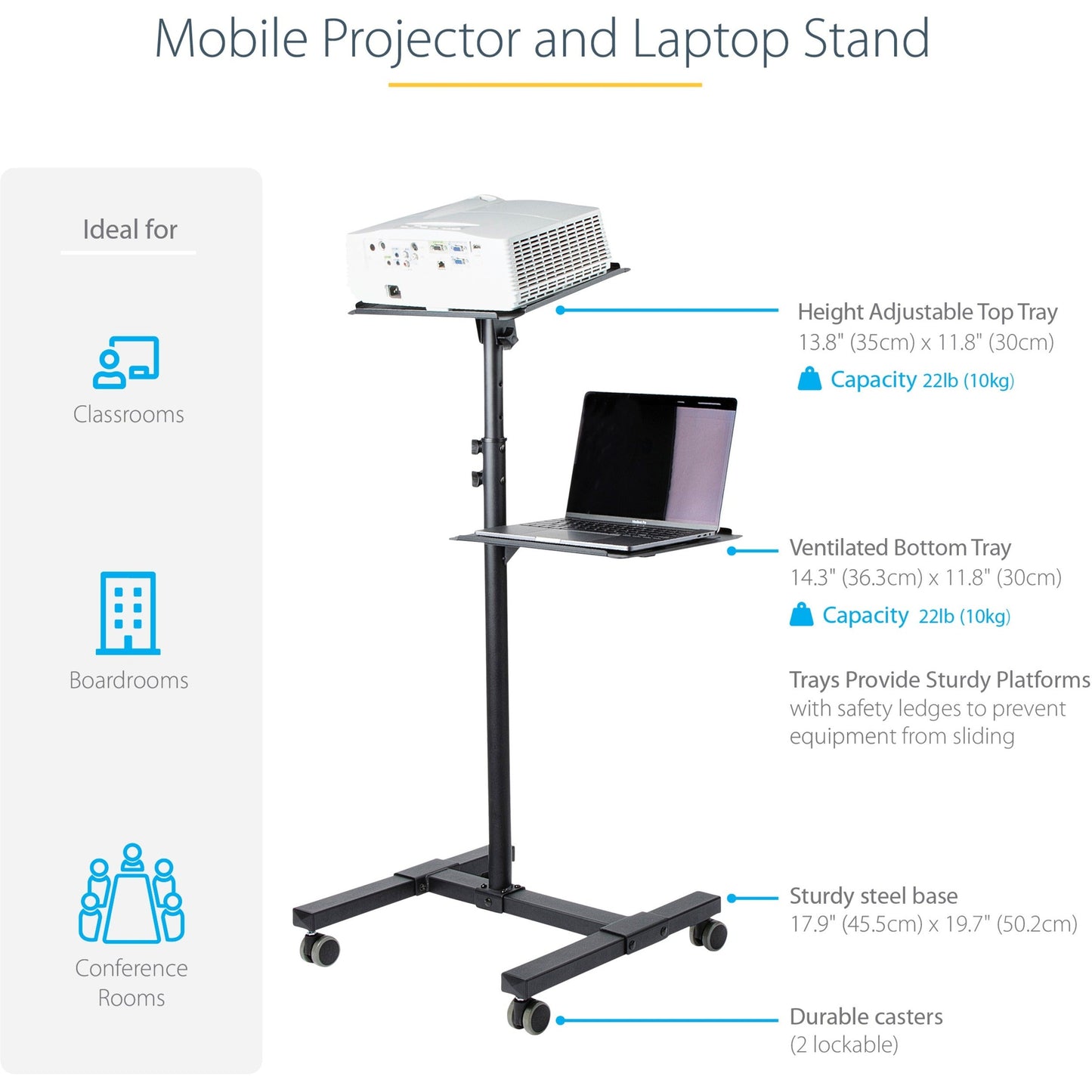 StarTech.com Mobile Projector and Laptop Stand/Cart Heavy Duty Portable Projector Stand/Presentation Cart (22lb/shelf) Height Adjustable