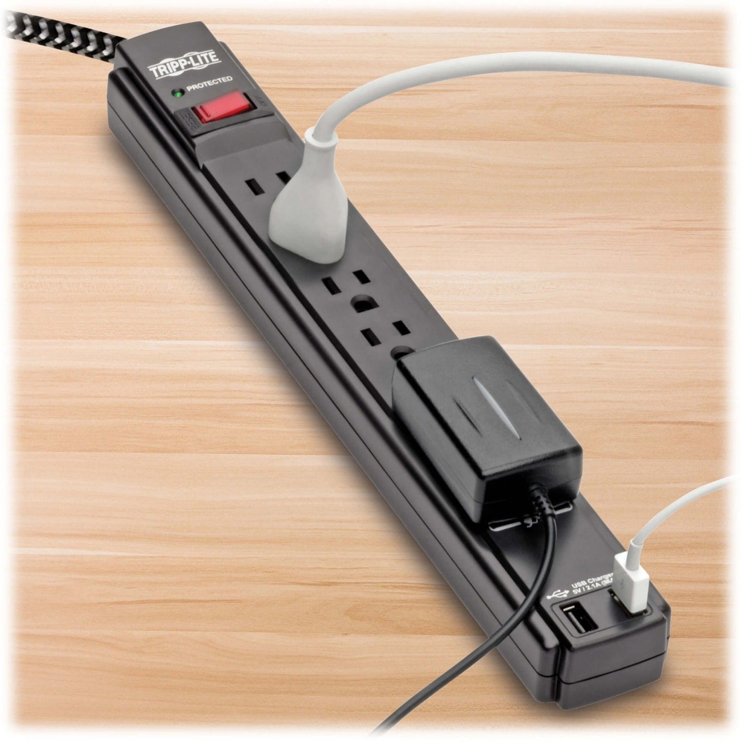 Tripp Lite Safe-IT 6-Outlet Surge Protector 2 USB Charging Ports 10 ft. Cord 5-15P Plug 990 Joules Antimicrobial Protection Black