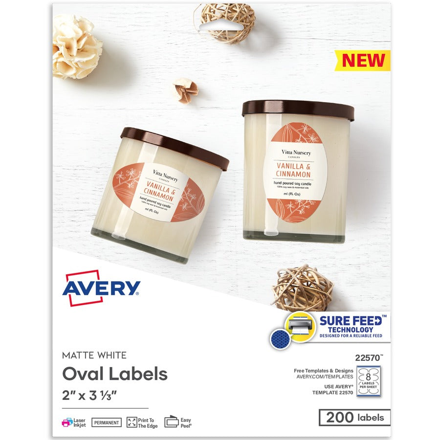 Avery&reg; Printable Blank Oval Labels 22570 3-5/16&rdquo;W x 3&rdquo;D White Pack Of 200 Labels