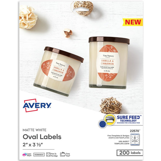 Avery&reg; Printable Blank Oval Labels 22570 3-5/16&rdquo;W x 3&rdquo;D White Pack Of 200 Labels