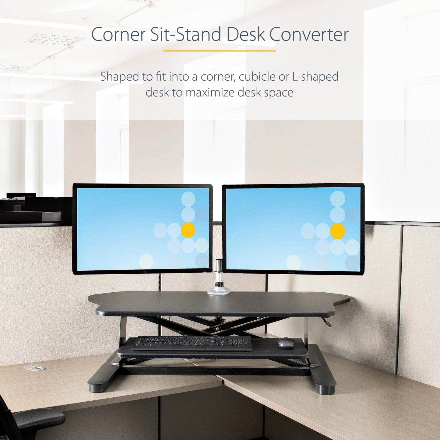 StarTech.com Corner Sit Stand Desk Converter with Keyboard Tray Large Surface 35"x21"  Height Adjustable Ergonomic Tabletop Standing Desk