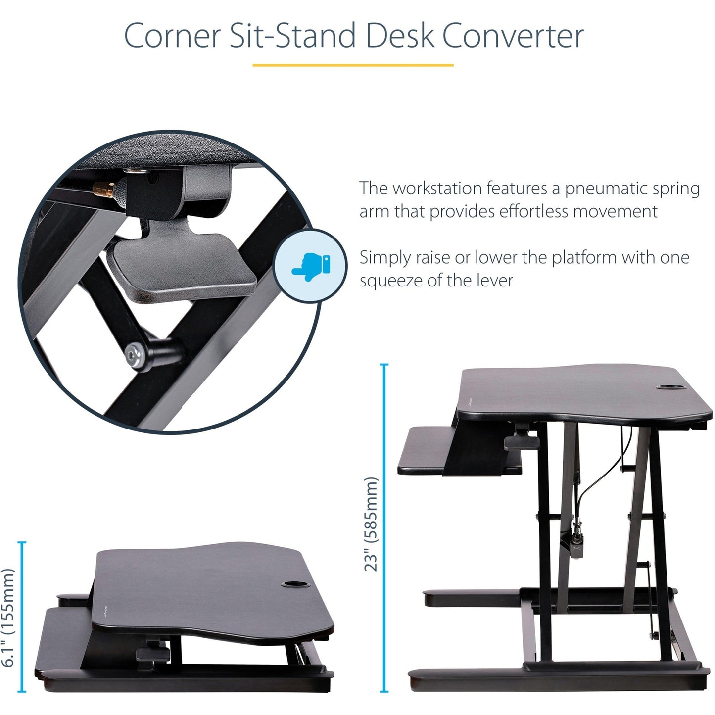 StarTech.com Corner Sit Stand Desk Converter with Keyboard Tray Large Surface 35"x21"  Height Adjustable Ergonomic Tabletop Standing Desk