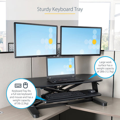 StarTech.com Corner Sit Stand Desk Converter with Keyboard Tray Large Surface 35"x21"  Height Adjustable Ergonomic Tabletop Standing Desk