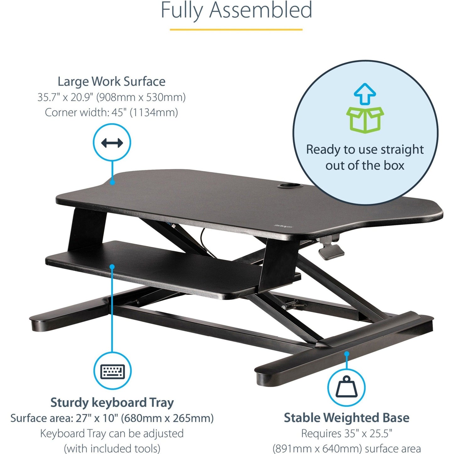 StarTech.com Corner Sit Stand Desk Converter with Keyboard Tray Large Surface 35"x21"  Height Adjustable Ergonomic Tabletop Standing Desk