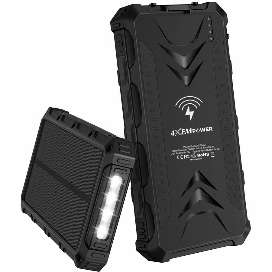 4XEM 20000 maH Mobile Solar Power Bank and Charger (Black)