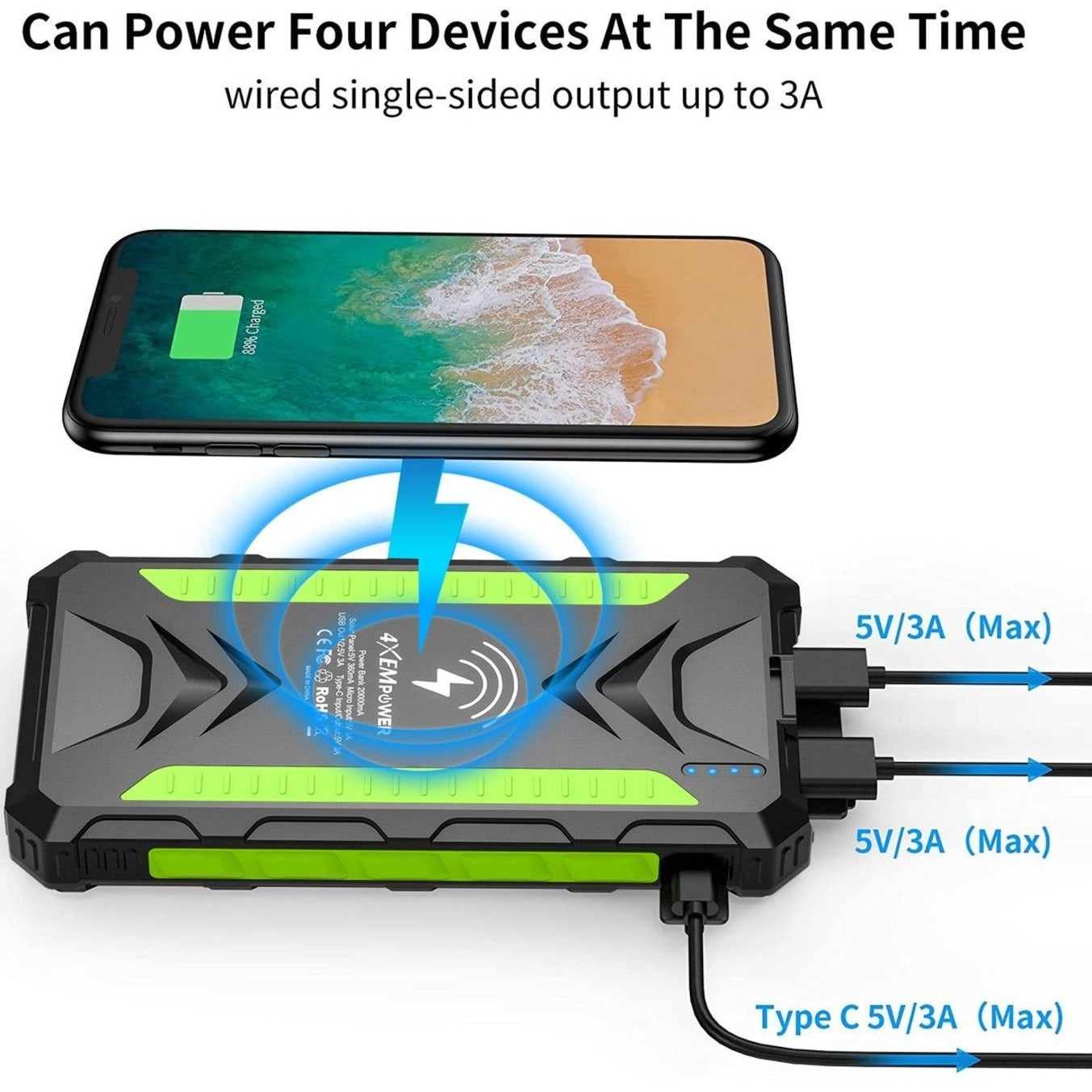 4XEM 20000 maH Mobile Solar Power Bank and Charger (Green)