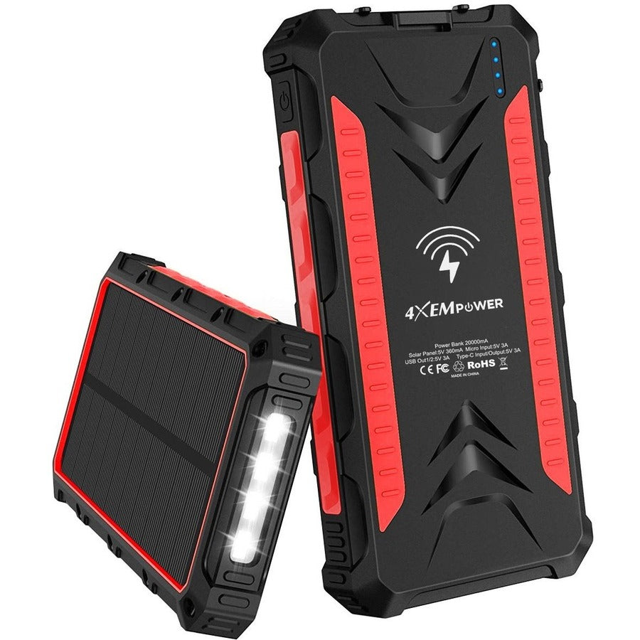 4XEM 20000 maH Mobile Solar Power Bank and Charger (Red)