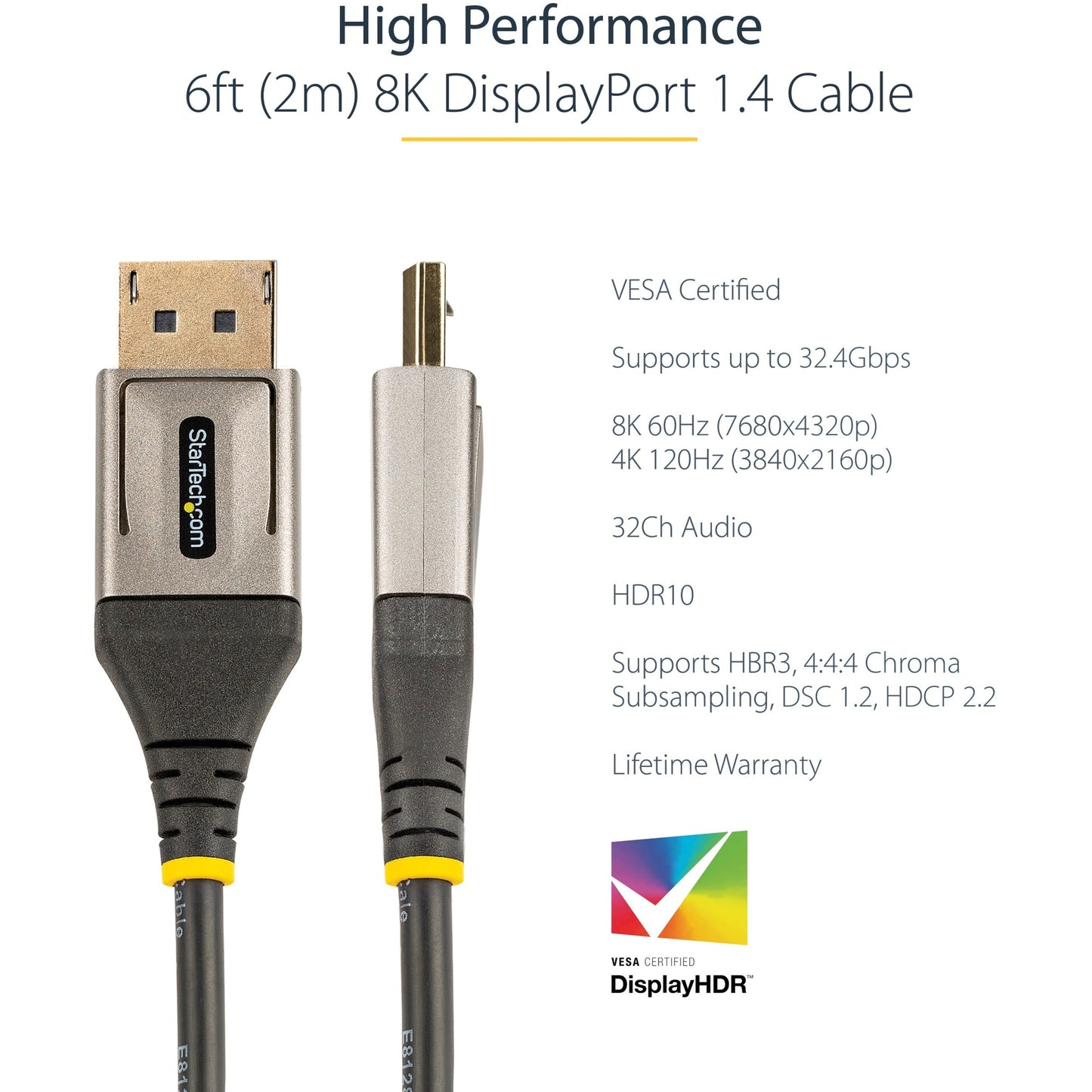 StarTech.com 6ft (2m) VESA Certified DisplayPort 1.4 Cable 8K 60Hz HDR10 UHD 4K 120Hz Video DP to DP Monitor Cord DP 1.4 Cable M/M