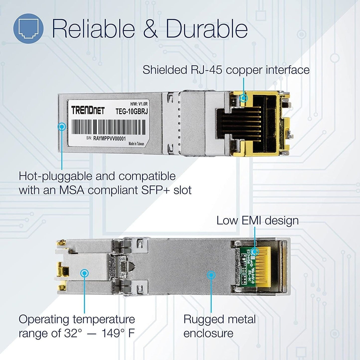 TRENDnet 10G RJ-45 Copper SFP+ Module Convert A Standard SFP+ Slot Into A RJ-45 Multi-Gigabit Port Connect Devices Up To 30m (98ft) Hot-Pluggable Lifetime Protection Silver TEG-10GBRJ