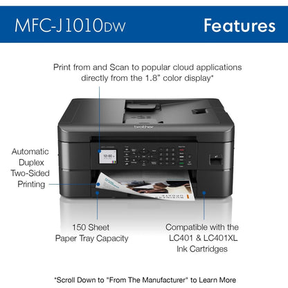 Brother MFC MFC-J1010DW Inkjet Multifunction Printer-Color-Copier/Fax/Scanner-17 ppm Mono/9.5 ppm Color Print-6000x1200 dpi Print-Automatic Duplex Print-150 sheets Input-Color Flatbed Scanner-1200 dpi Optical Scan-Color Fax-Wireless LAN