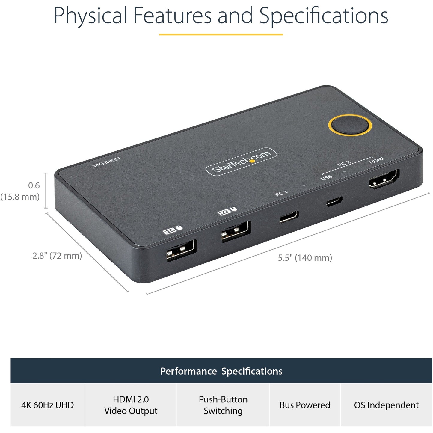 StarTech.com 2 Port Hybrid USB-A + HDMI & USB-C KVM Switch Single 4K 60Hz HDMI 2.0 Monitor Compact Desktop and/or Laptop HDMI KVM Switch