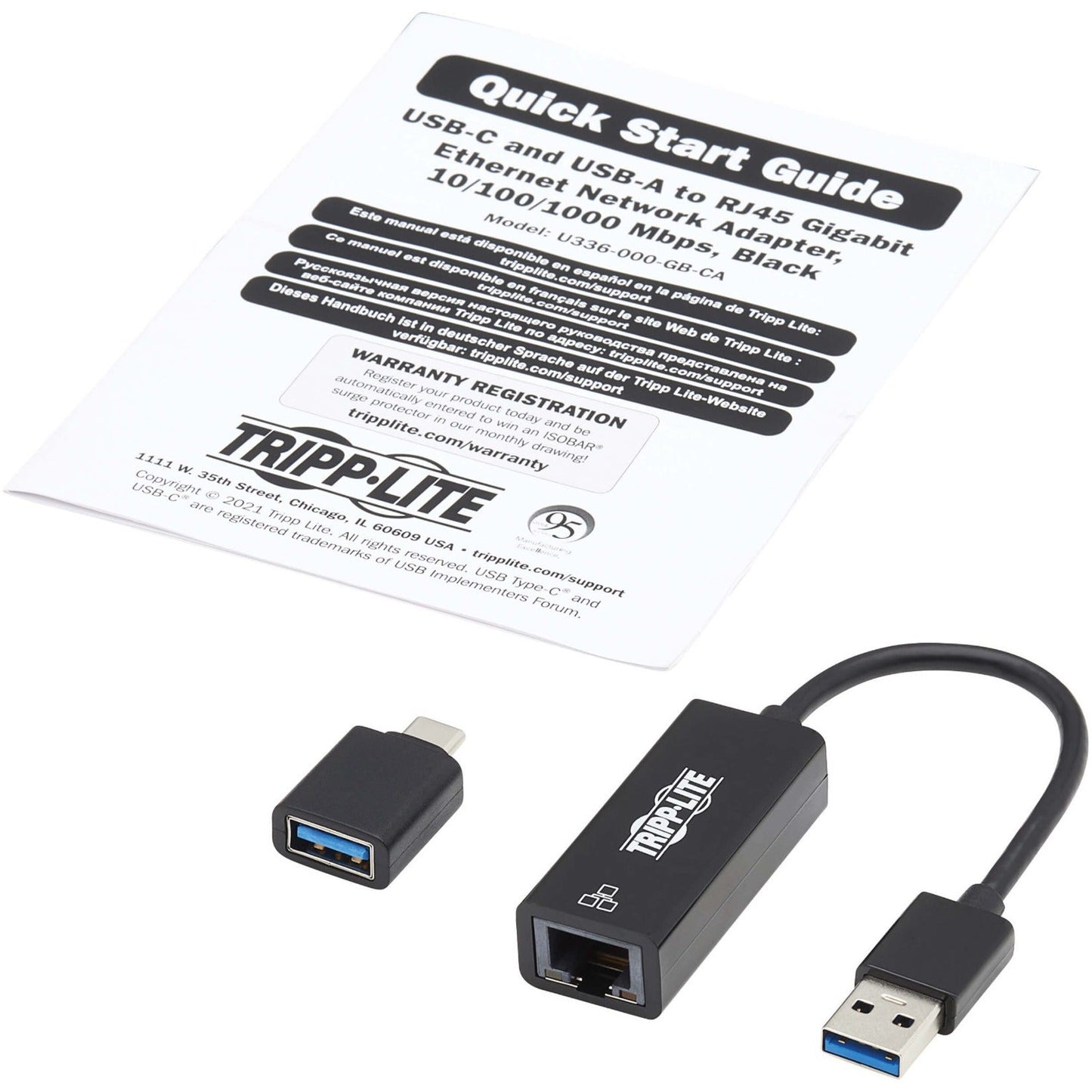 Tripp Lite USB-C USB-A to RJ45 Gigabit Ethernet Network Adapter (2xM/F) USB 3.2 Gen 1 Black