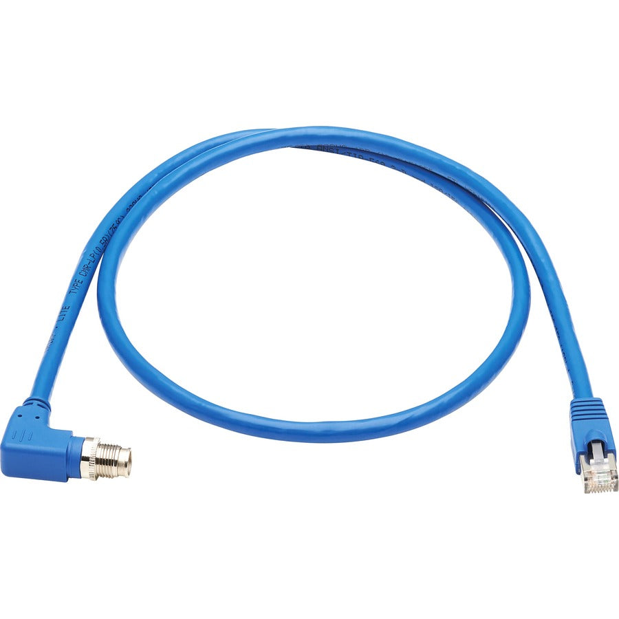 Tripp Lite M12 X-Code Cat6a 10G F/UTP CMR-LP Shielded Ethernet Cable (Right-Angle M12 M/RJ45 M) IP68 PoE Blue 1 m (3.3 ft.)