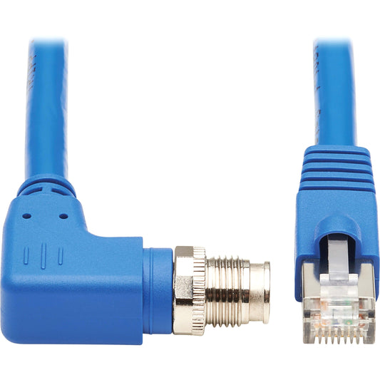 Tripp Lite M12 X-Code Cat6a 10G F/UTP CMR-LP Shielded Ethernet Cable (Right-Angle M12 M/RJ45 M) IP68 PoE Blue 2 m (6.6 ft.)