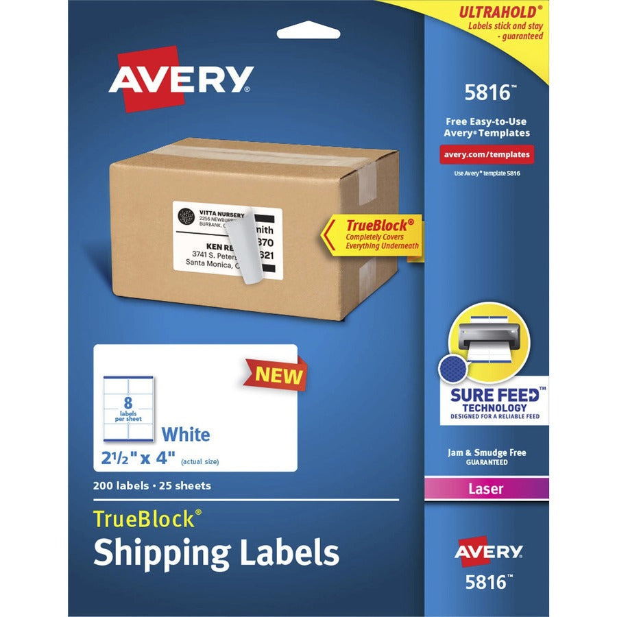 Avery&reg; Printable Blank Shipping Labels 2.5" x 4"  White 200 Labels Laser Printer Permanent Adhesive (5816)
