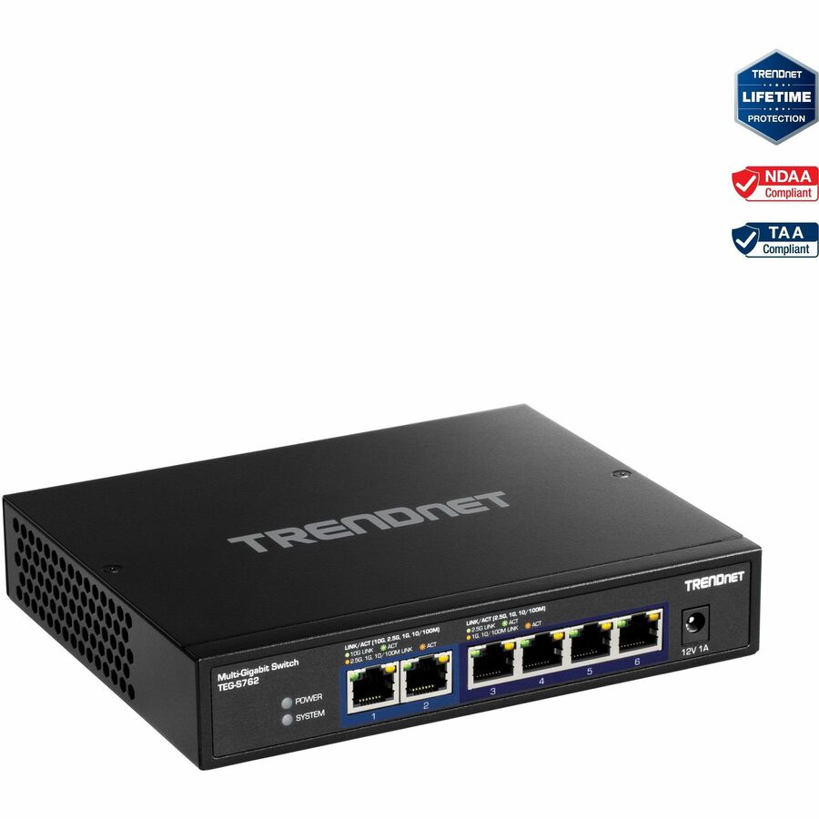 TRENDnet 6-Port 10G Switch 4 x 2.5G RJ-45 Base-T Ports 2 x 10G RJ-45 Ports 60Gbps Switching Capacity Wall Mountable 10 Gigabit Network Connections Lifetime Protection Black TEG-S762