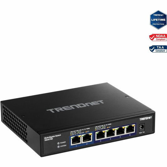 TRENDnet 6-Port 10G Switch 4 x 2.5G RJ-45 Base-T Ports 2 x 10G RJ-45 Ports 60Gbps Switching Capacity Wall Mountable 10 Gigabit Network Connections Lifetime Protection Black TEG-S762