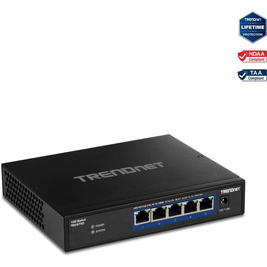 TRENDnet 5-Port 10G Switch 5 x 10G RJ-45 Ports 100Gbps Switching Capacity Supports 2.5G and 5G-BASE-T Connections Lifetime Protection Black TEG-S750
