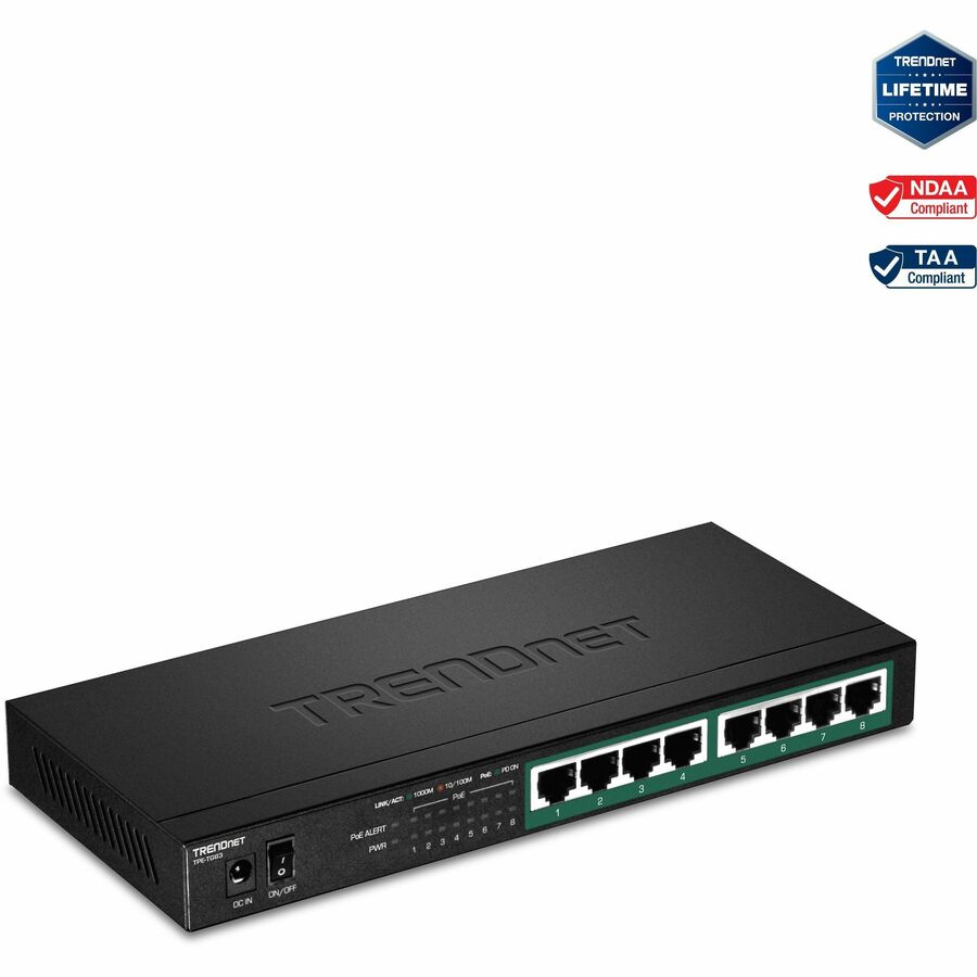 TRENDnet 8-Port Gigabit PoE+ Switch 65W PoE Power Budget 16Gbps Switching Capacity IEEE 802.1p QoS DSCP Pass-Through Support Fanless Wall Mountable Lifetime Protection Black TPE-TG83