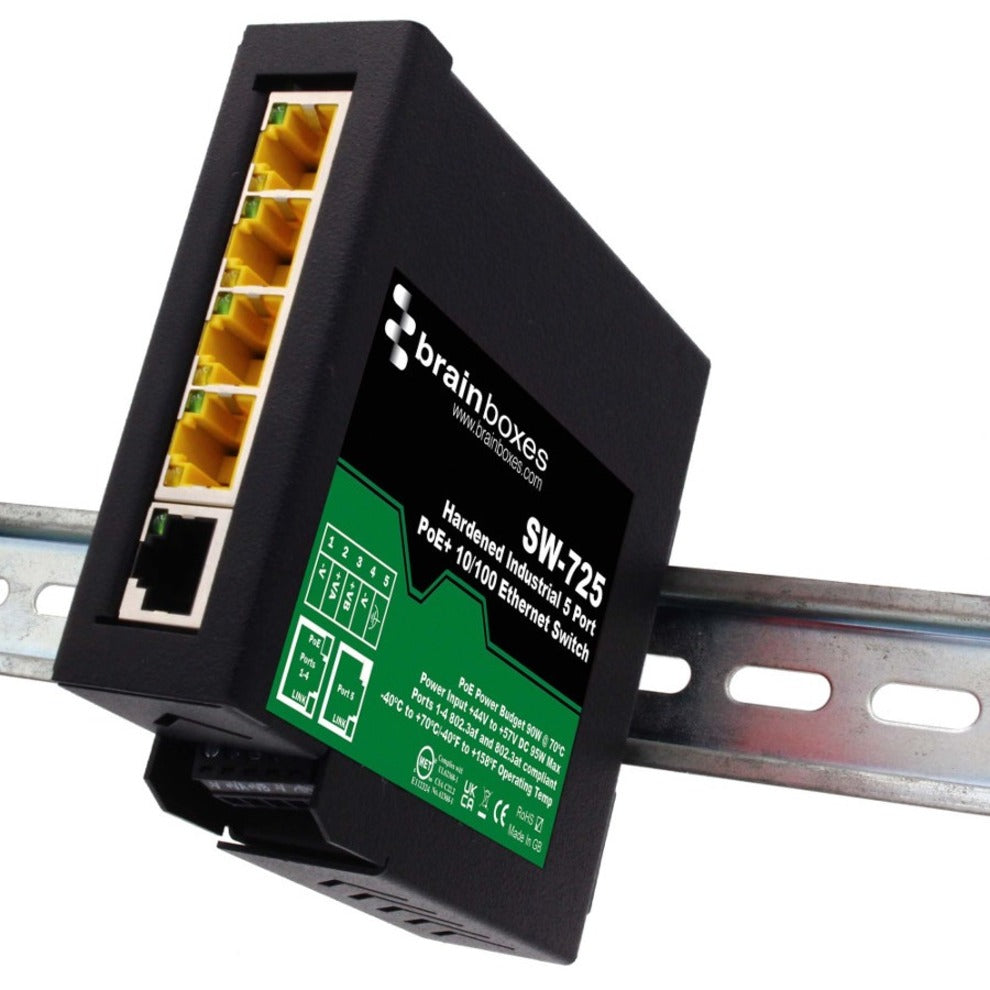 Brainboxes Hardened Industrial 5 Port PoE+ 10/100 Ethernet Switch