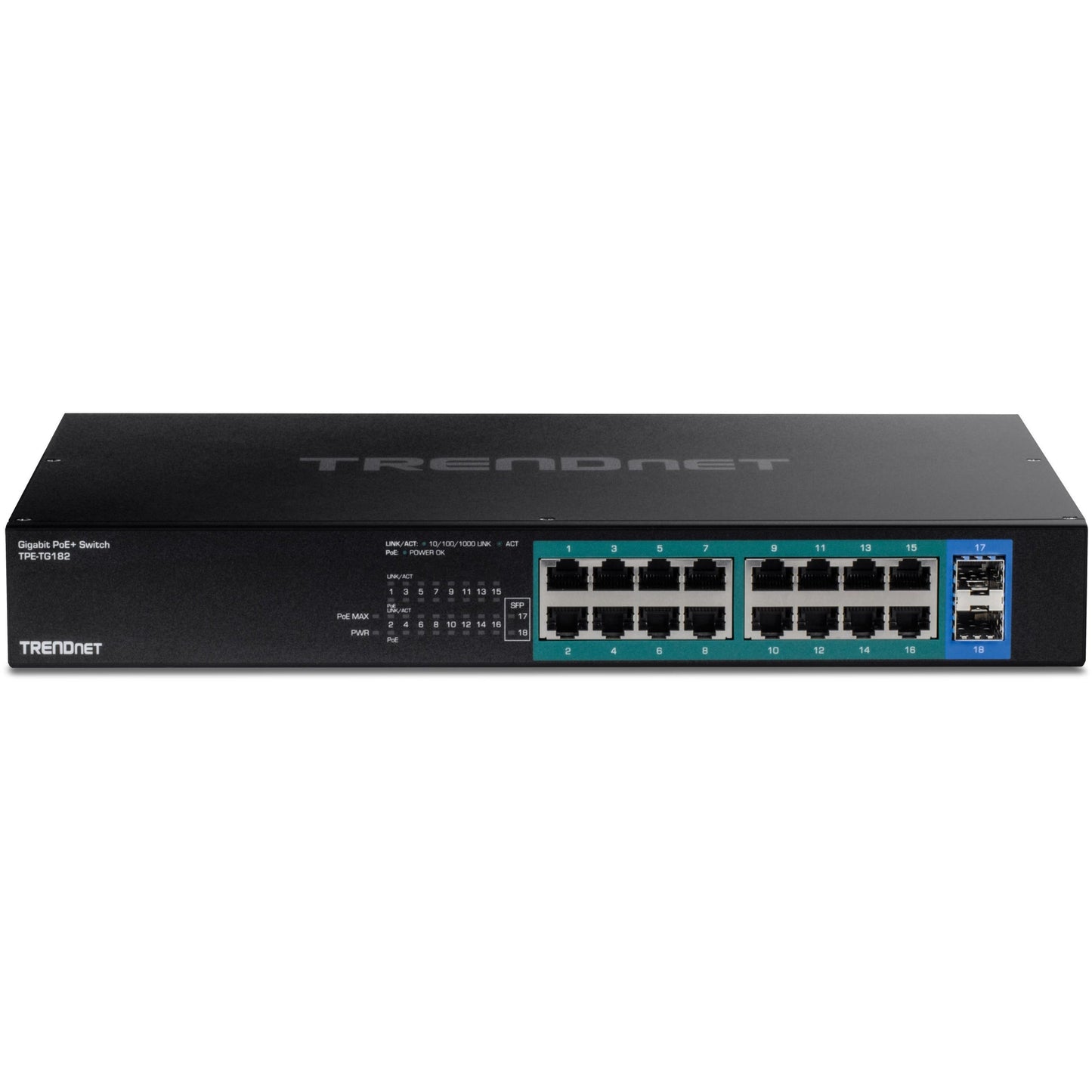TRENDnet 18-Port Gigabit PoE+ Switch 16 x 30W PoE+ Ports 2 Gigabit SFP Slots 240W PoE Budget 36Gbps Switching Capacity 1U 19" Rack Mountable Lifetime Protection Black TPE-TG182