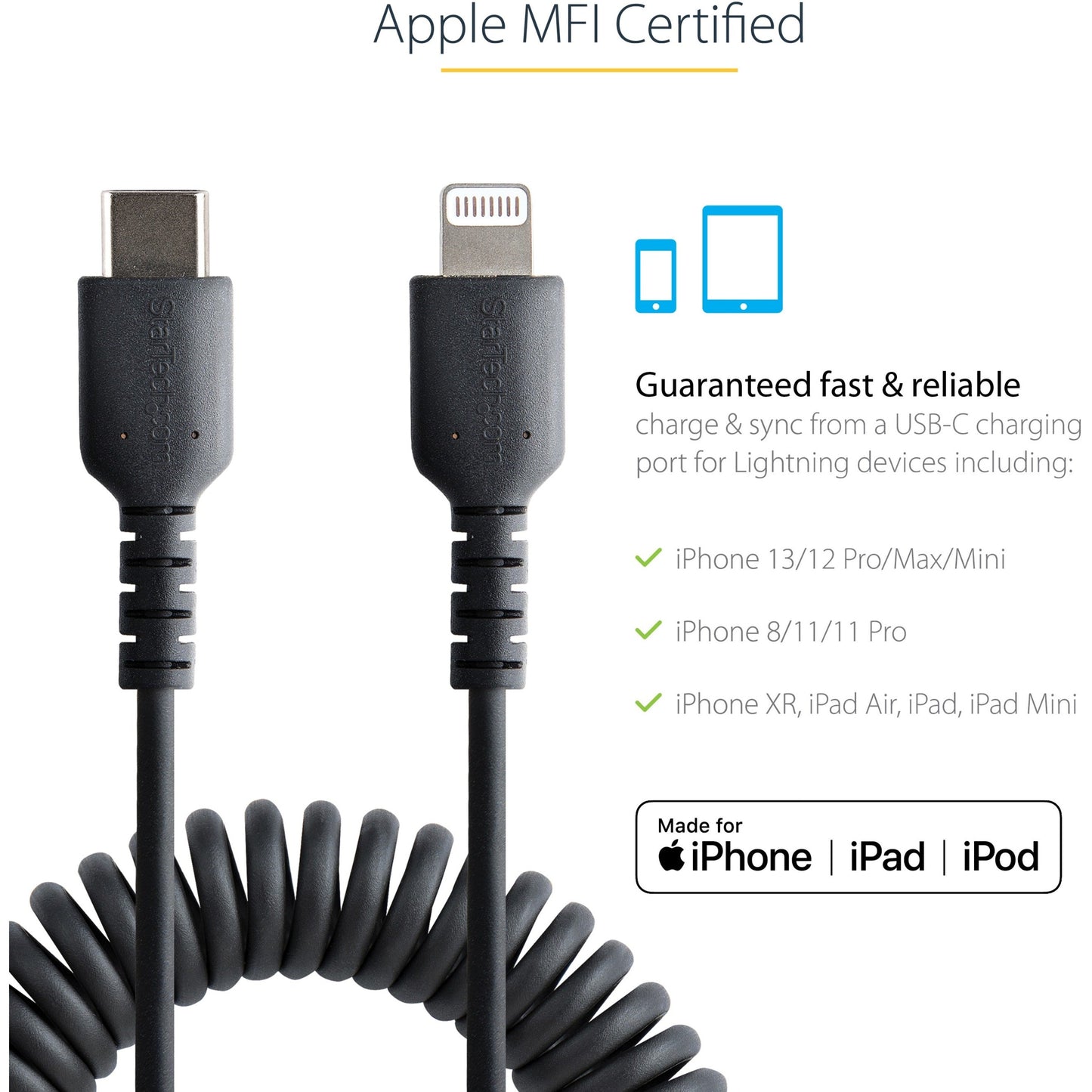 StarTech.com 1m (3ft) USB C to Lightning Cable MFi Certified Coiled iPhone Charger Cable Black Durable TPE Jacket Aramid Fiber