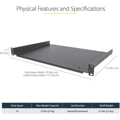 StarTech.com 1U Server Rack Cabinet Shelf - Fixed 12" Deep Cantilever Rackmount Tray for 19" Data/AV/Network Enclosure w/cage nuts screws