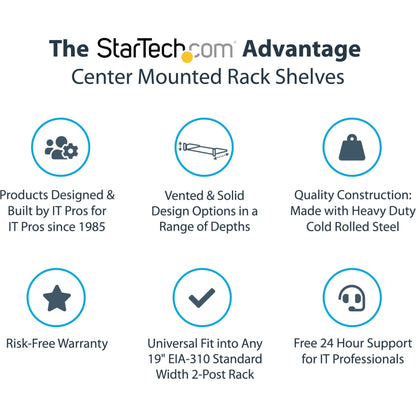 StarTech.com 2U Vented Server Rack Shelf - Center Mount Fixed 14" Deep Cantilever Rackmount Tray for 19" Data/AV/Network w/Cage Nuts