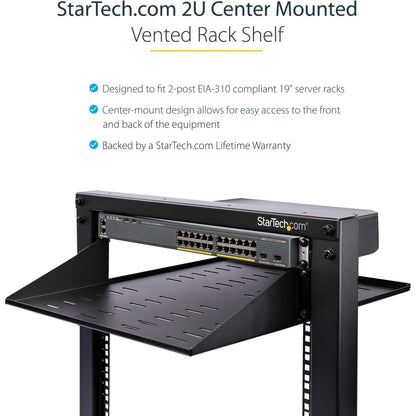 StarTech.com 2U Vented Server Rack Shelf - Center Mount Fixed 14" Deep Cantilever Rackmount Tray for 19" Data/AV/Network w/Cage Nuts