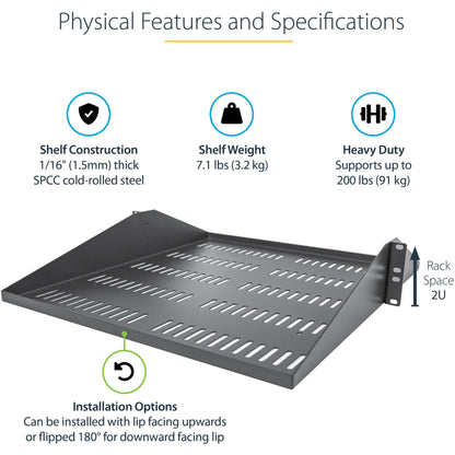 StarTech.com 2U Vented Server Rack Shelf - Center Mount Fixed 20" Deep Cantilever Rackmount Tray for 19" Data/AV/Network w/Cage Nuts