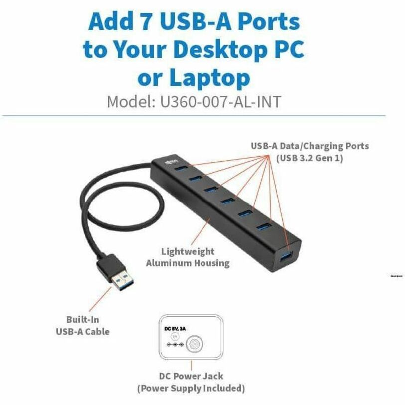 Tripp Lite 7-Port USB-A Mini Hub - USB 3.2 Gen 1 International Plug Adapters Aluminum Housing