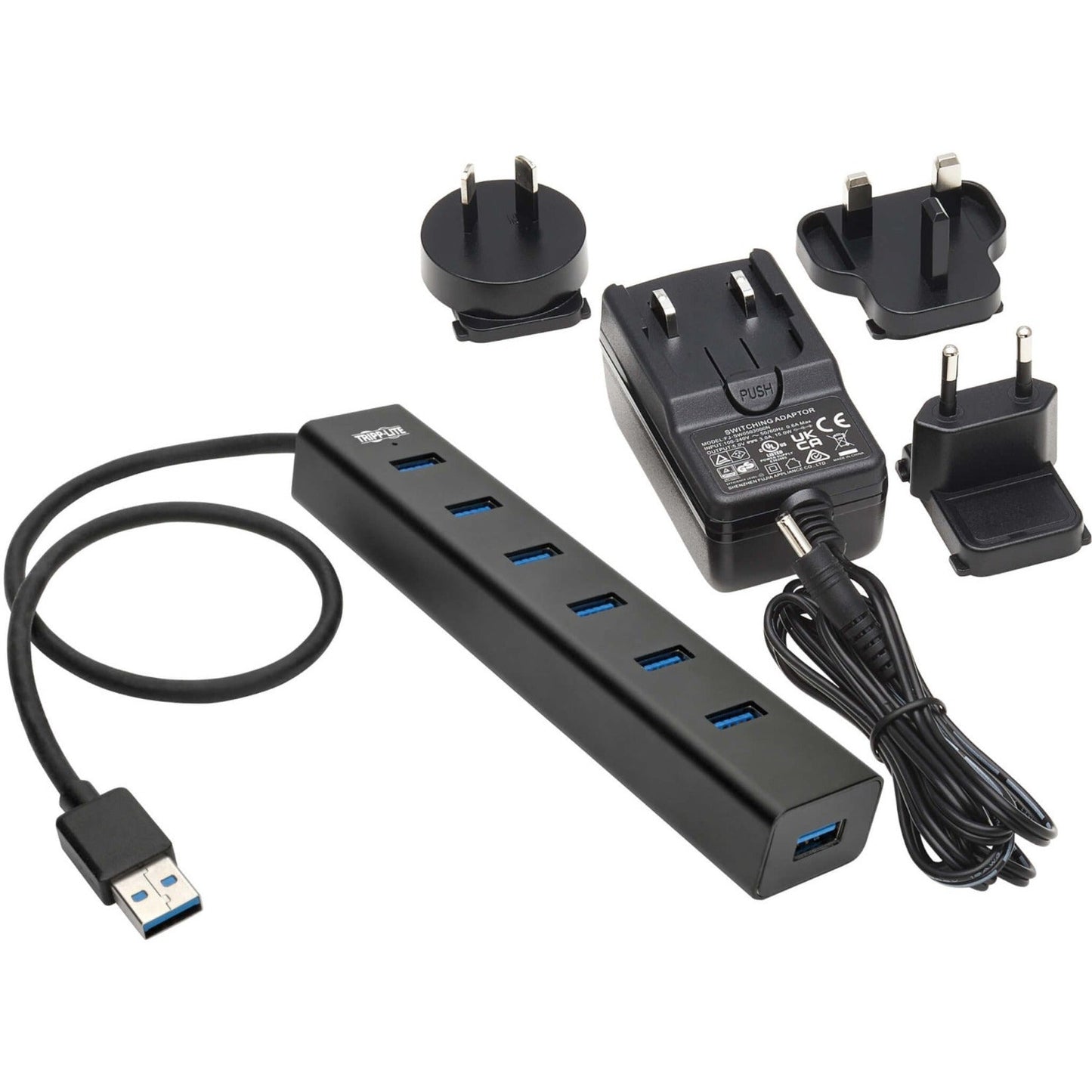 Tripp Lite 7-Port USB-A Mini Hub - USB 3.2 Gen 1 International Plug Adapters Aluminum Housing