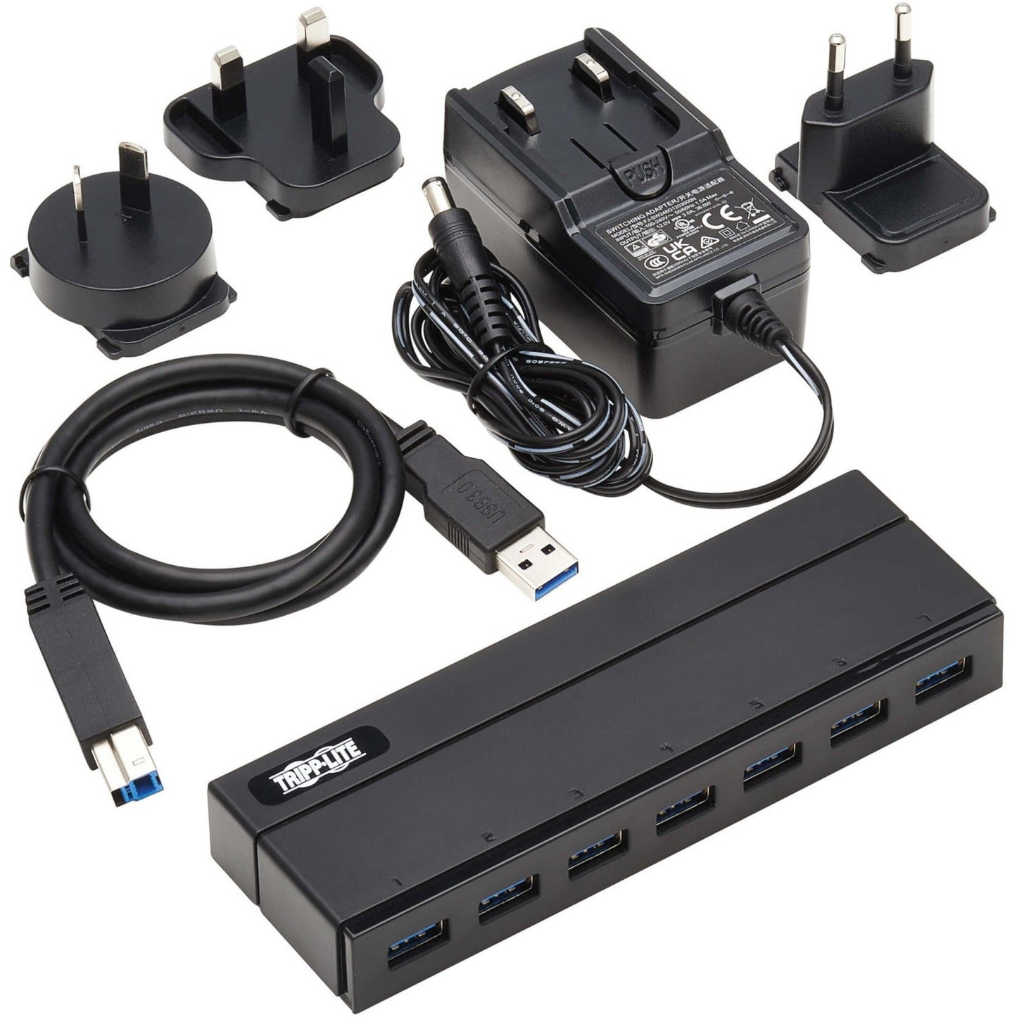 Tripp Lite 7-Port USB-A Mini Hub - USB 3.2 Gen 1 International Plug Adapters